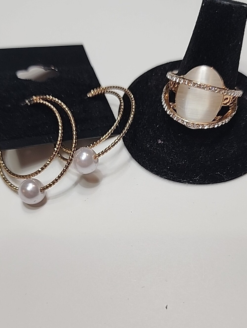 Gold-Tone Pearl Hoop With White Accent Ring